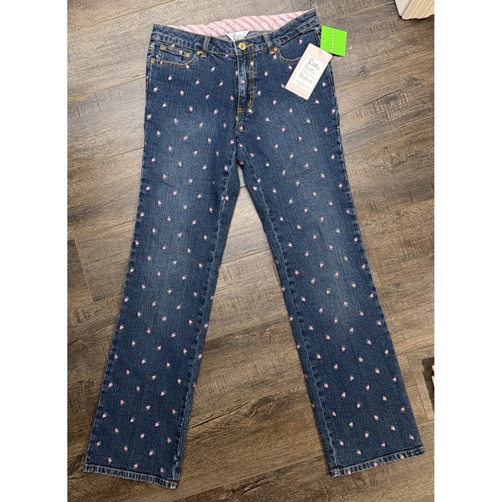 Lilly Pulitzer Vintgae Y2K White Tag Blue Denim Jeans Strawberry Embroidery SZ 4